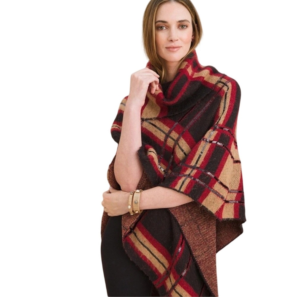 Chicos Womens Plaid Sequin Cowl Neck Poncho Sweater Red Brown M Wrap Cape - Picture 4 of 5